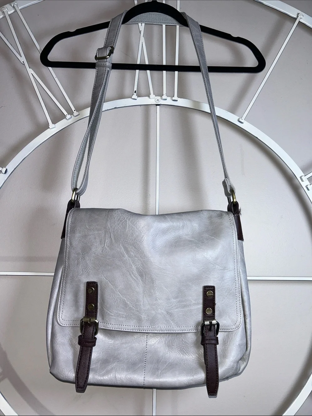 Gray Vegan Leather Crossbody Messenger Bag with Dark Brown Straps